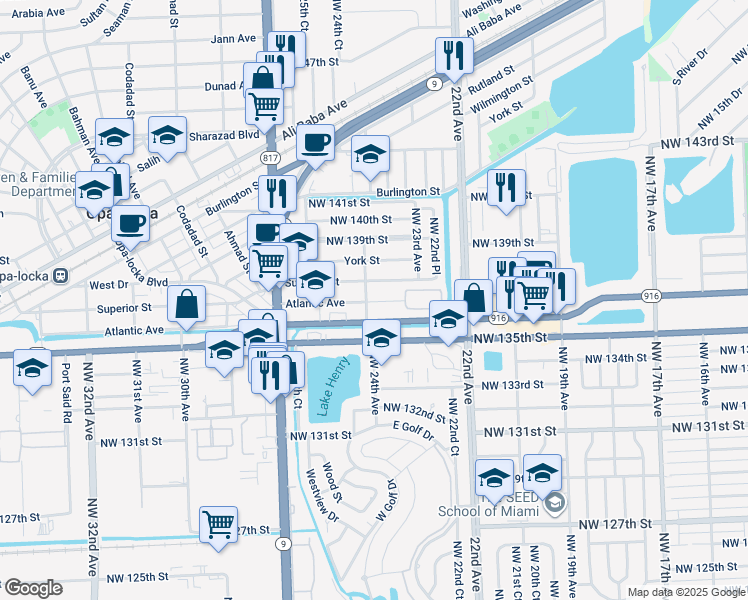 map of restaurants, bars, coffee shops, grocery stores, and more near 2329 Northwest 136th Street in Opa-locka