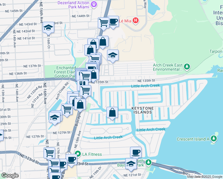 map of restaurants, bars, coffee shops, grocery stores, and more near 2035 Arch Creek Drive in North Miami