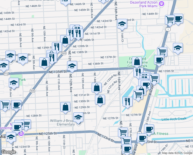 map of restaurants, bars, coffee shops, grocery stores, and more near 13381 Northeast 14th Avenue in North Miami