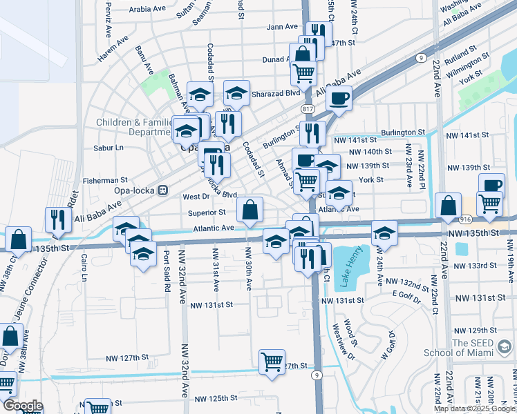 map of restaurants, bars, coffee shops, grocery stores, and more near 1031 Superior Street in Opa-locka