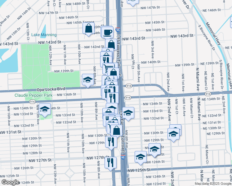 map of restaurants, bars, coffee shops, grocery stores, and more near in North Miami