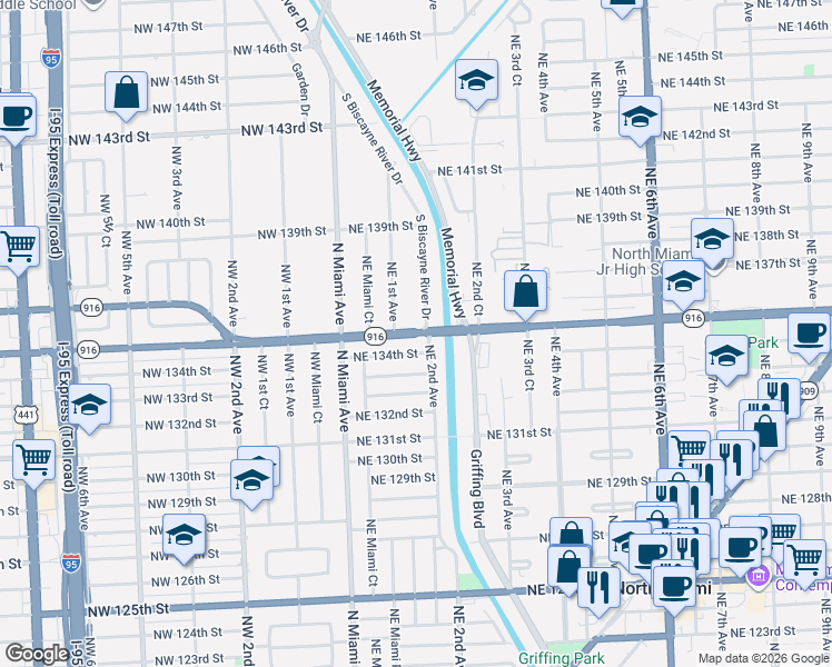 map of restaurants, bars, coffee shops, grocery stores, and more near in North Miami