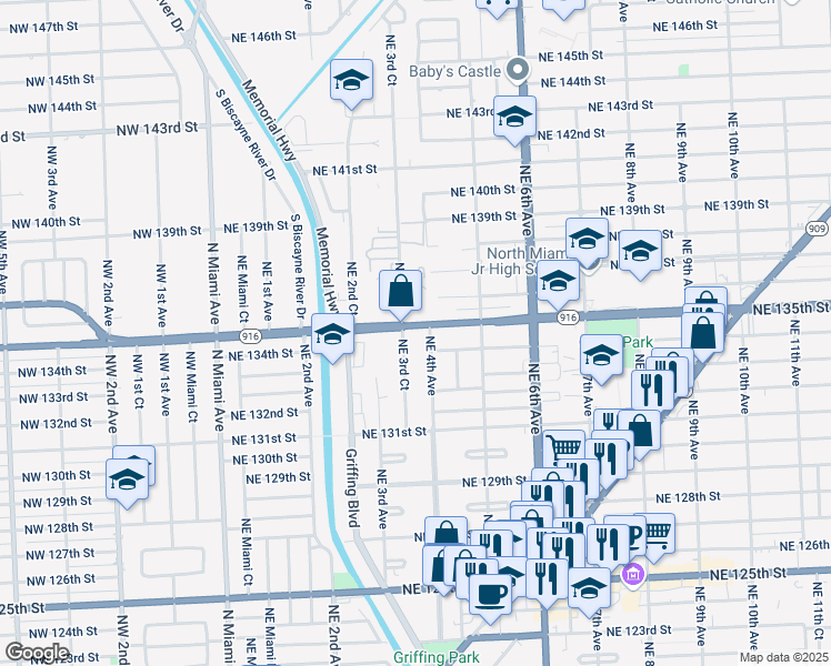 map of restaurants, bars, coffee shops, grocery stores, and more near 390 Florida 916 in North Miami