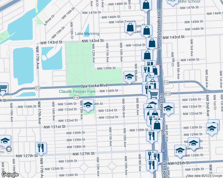 map of restaurants, bars, coffee shops, grocery stores, and more near 1079 Northwest 136th Street in Miami