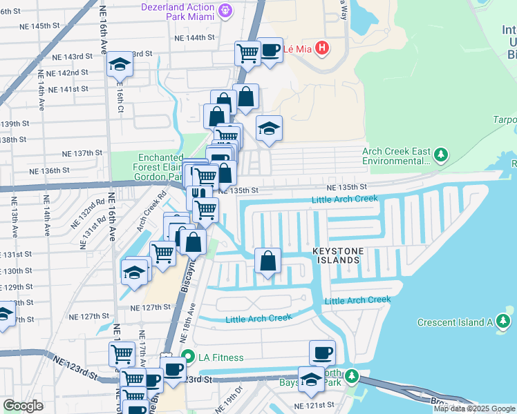map of restaurants, bars, coffee shops, grocery stores, and more near 2035 Arch Creek Drive in North Miami