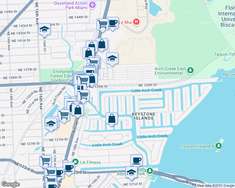 map of restaurants, bars, coffee shops, grocery stores, and more near 2105 Arch Creek Drive in North Miami