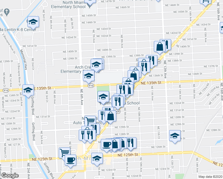 map of restaurants, bars, coffee shops, grocery stores, and more near 815 Northeast 134th Street in North Miami