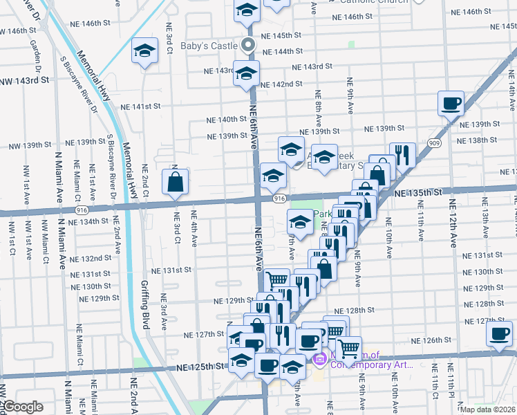 map of restaurants, bars, coffee shops, grocery stores, and more near in North Miami
