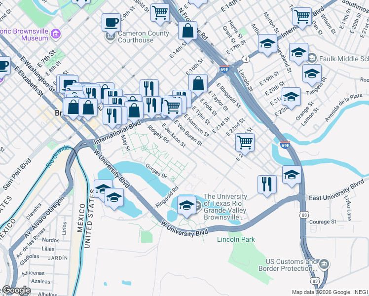 map of restaurants, bars, coffee shops, grocery stores, and more near 2044 East Jackson Street in Brownsville