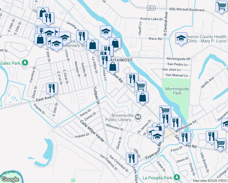 map of restaurants, bars, coffee shops, grocery stores, and more near 444 Willow Lane in Brownsville