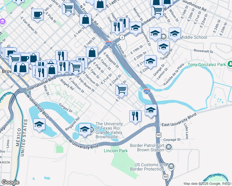 map of restaurants, bars, coffee shops, grocery stores, and more near 2315 East Tyler Street in Brownsville