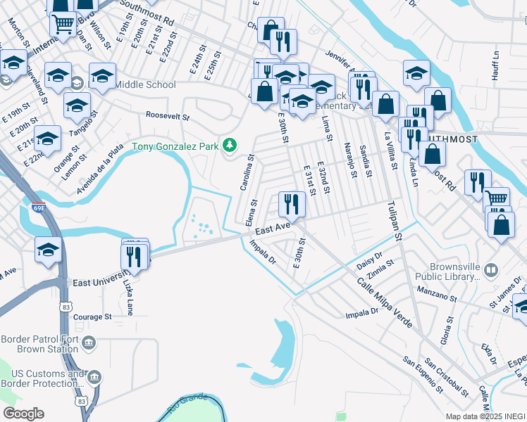 map of restaurants, bars, coffee shops, grocery stores, and more near 2805 Margarita Street in Brownsville