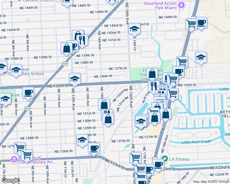 map of restaurants, bars, coffee shops, grocery stores, and more near 1464 Northeast 133rd Road in North Miami