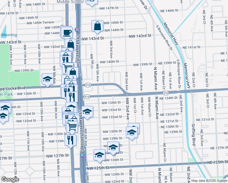 map of restaurants, bars, coffee shops, grocery stores, and more near 380 Northwest 136th Street in North Miami