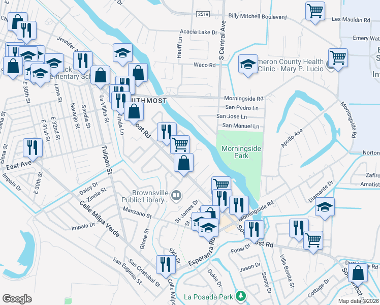 map of restaurants, bars, coffee shops, grocery stores, and more near 57 Calle Chiquita in Brownsville
