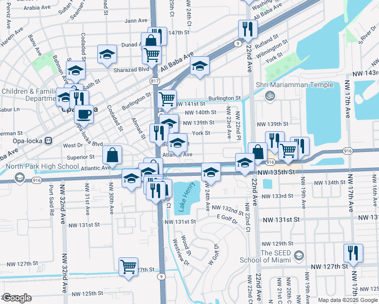 map of restaurants, bars, coffee shops, grocery stores, and more near 2521 Atlantic Avenue in Opa-locka