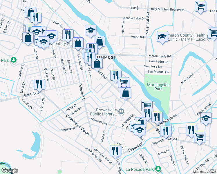 map of restaurants, bars, coffee shops, grocery stores, and more near 1767 Monterrey Drive in Brownsville