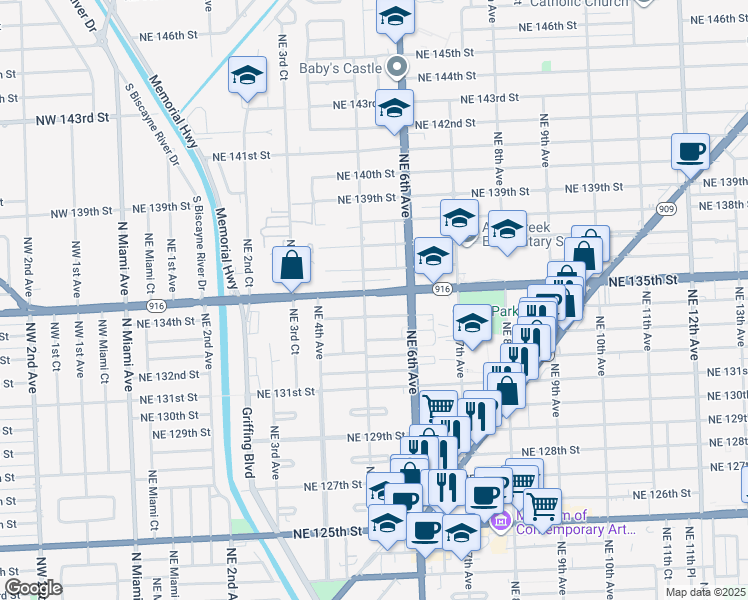 map of restaurants, bars, coffee shops, grocery stores, and more near 510 Northeast 135th Street in North Miami