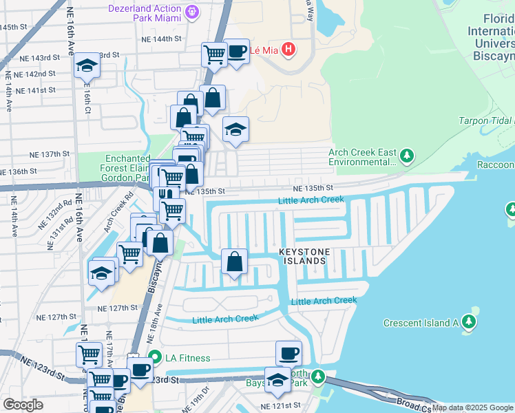 map of restaurants, bars, coffee shops, grocery stores, and more near 2105 Arch Creek Drive in North Miami