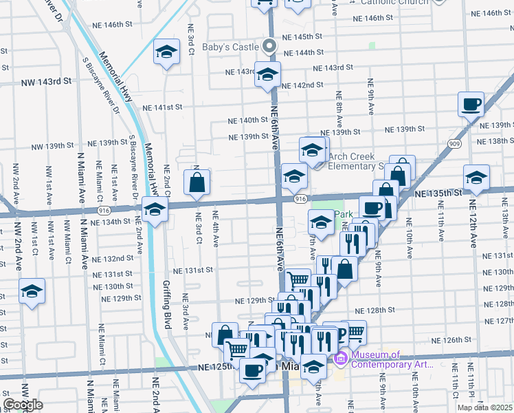 map of restaurants, bars, coffee shops, grocery stores, and more near 510 Northeast 135th Street in North Miami