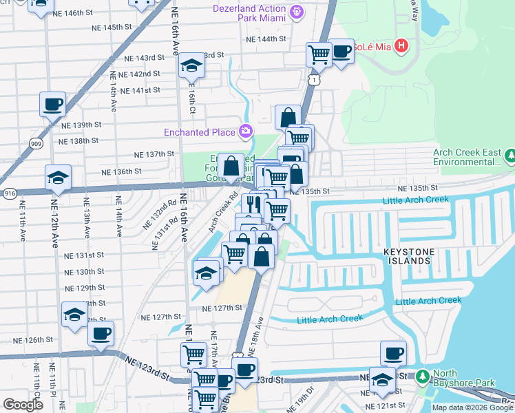 map of restaurants, bars, coffee shops, grocery stores, and more near 13404 Biscayne Boulevard in North Miami