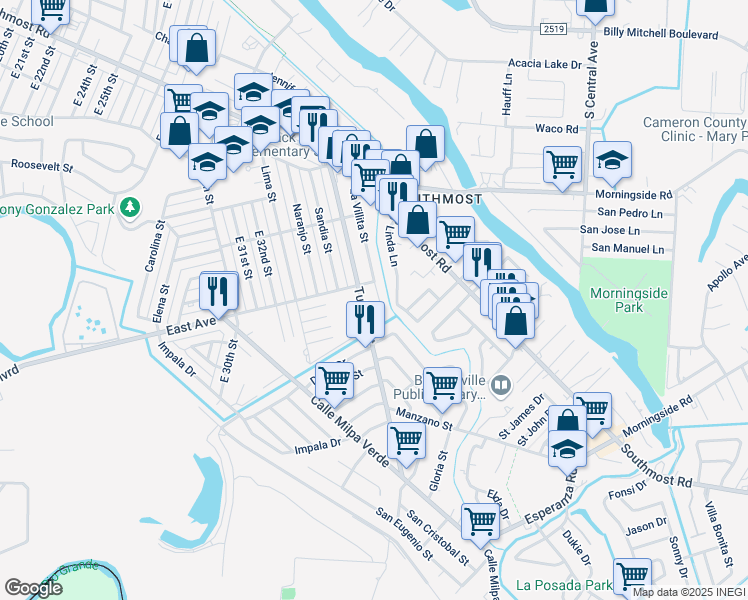 map of restaurants, bars, coffee shops, grocery stores, and more near 37 Old Military Highway in Brownsville