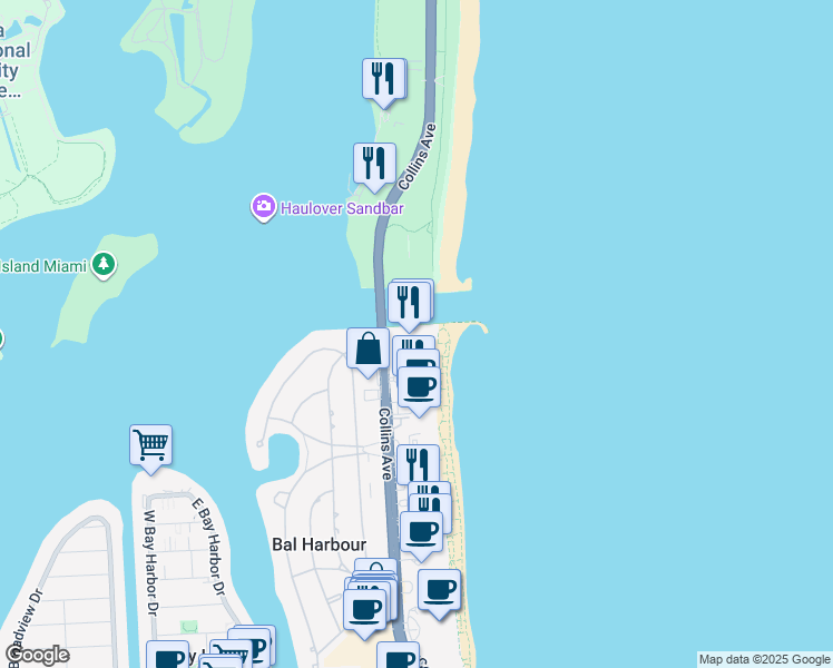 map of restaurants, bars, coffee shops, grocery stores, and more near 10295 Collins Avenue in Bal Harbour