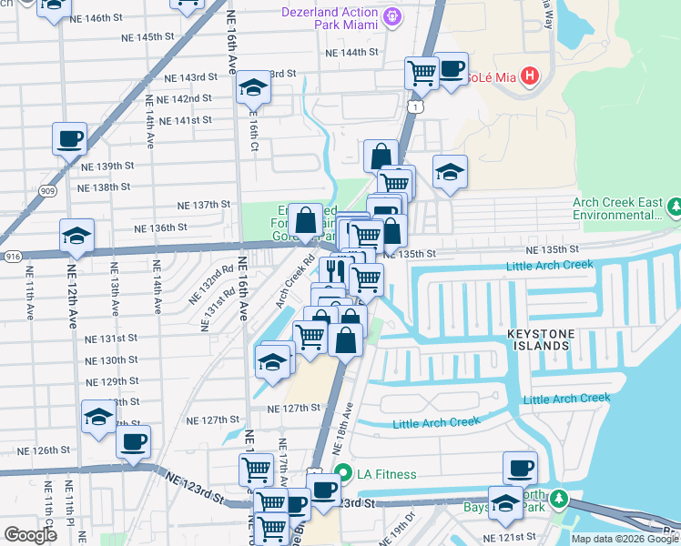 map of restaurants, bars, coffee shops, grocery stores, and more near 13404 Biscayne Boulevard in North Miami