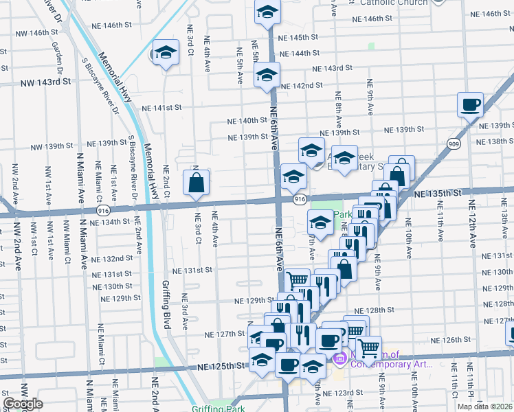 map of restaurants, bars, coffee shops, grocery stores, and more near 510 Northeast 135th Street in North Miami