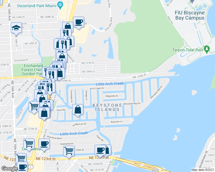 map of restaurants, bars, coffee shops, grocery stores, and more near 2305 Arch Creek Drive in North Miami