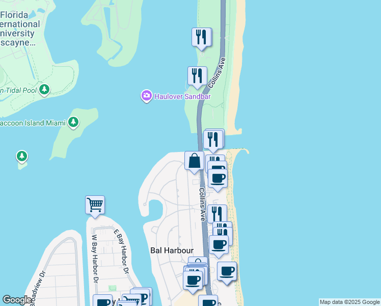 map of restaurants, bars, coffee shops, grocery stores, and more near 286 Bal Bay Drive in Bal Harbour