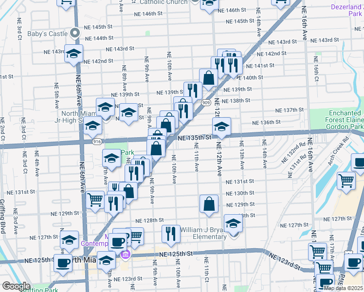 map of restaurants, bars, coffee shops, grocery stores, and more near 1035 Northeast 134th Street in North Miami