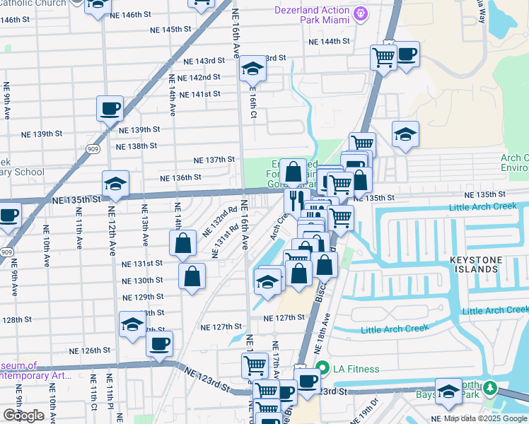 map of restaurants, bars, coffee shops, grocery stores, and more near 13340 Northeast 17th Avenue in North Miami