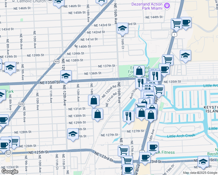 map of restaurants, bars, coffee shops, grocery stores, and more near 1531 Northeast 132nd Road in North Miami