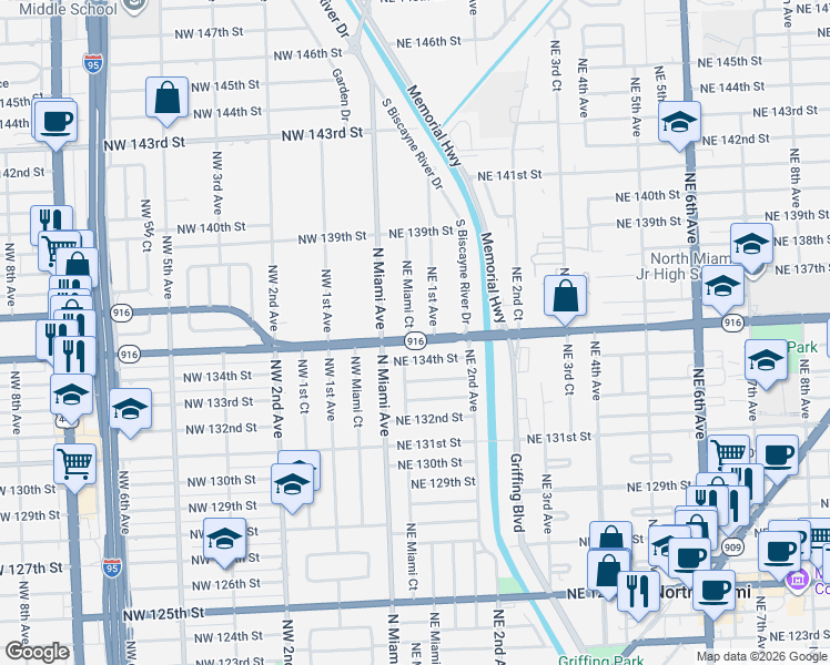 map of restaurants, bars, coffee shops, grocery stores, and more near 75 Florida 916 in North Miami