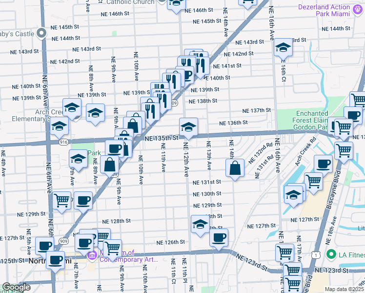 map of restaurants, bars, coffee shops, grocery stores, and more near 1195 Northeast 134th Street in North Miami