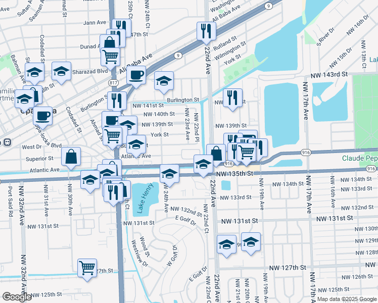 map of restaurants, bars, coffee shops, grocery stores, and more near 2282 Northwest 136th Terrace in Opa-locka