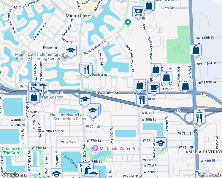 map of restaurants, bars, coffee shops, grocery stores, and more near 13992 Northwest 139th Street in Miami Lakes