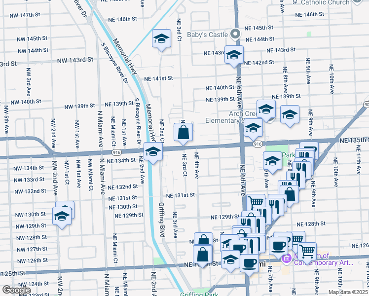 map of restaurants, bars, coffee shops, grocery stores, and more near 390 Florida 916 in North Miami