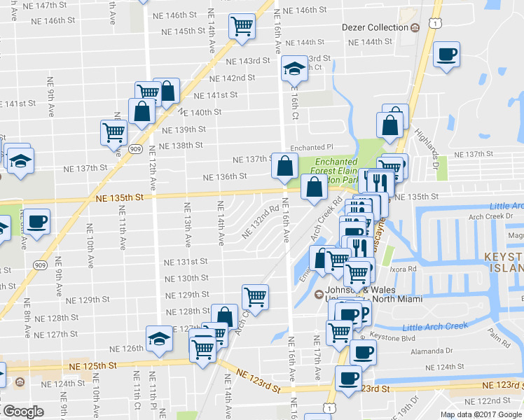 map of restaurants, bars, coffee shops, grocery stores, and more near 1531 Northeast 132nd Road in North Miami