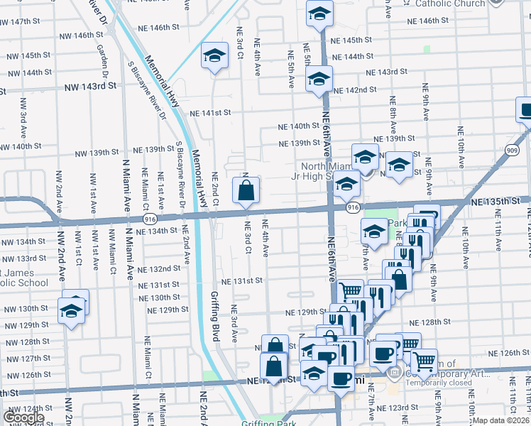 map of restaurants, bars, coffee shops, grocery stores, and more near 390 Florida 916 in North Miami