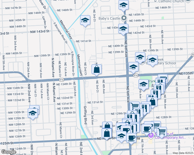 map of restaurants, bars, coffee shops, grocery stores, and more near 390 Florida 916 in North Miami