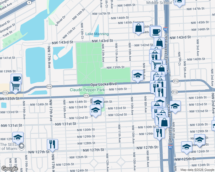 map of restaurants, bars, coffee shops, grocery stores, and more near 1151 Northwest 136th Street in Miami