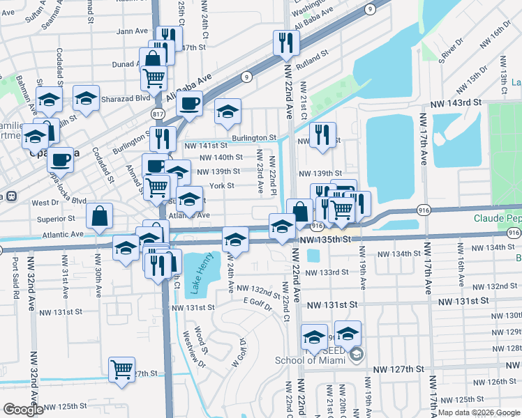 map of restaurants, bars, coffee shops, grocery stores, and more near 2298 Northwest 136th Terrace in Opa-locka