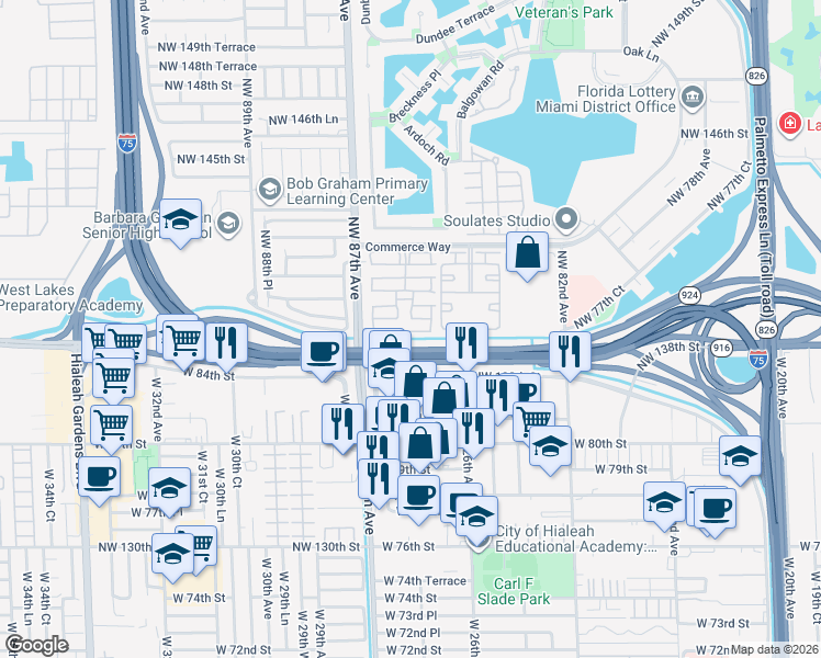 map of restaurants, bars, coffee shops, grocery stores, and more near 8450 Northwest 138th Terrace in Miami Lakes
