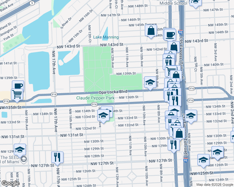map of restaurants, bars, coffee shops, grocery stores, and more near 1151 Northwest 136th Street in Miami