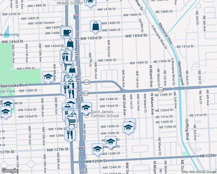 map of restaurants, bars, coffee shops, grocery stores, and more near 380 Northwest 136th Street in North Miami