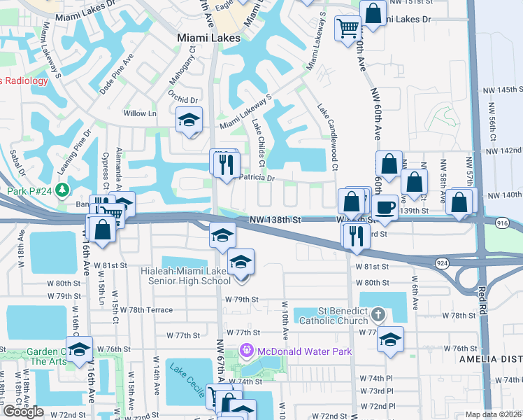 map of restaurants, bars, coffee shops, grocery stores, and more near 13984 Lake Lure Court in Miami Lakes