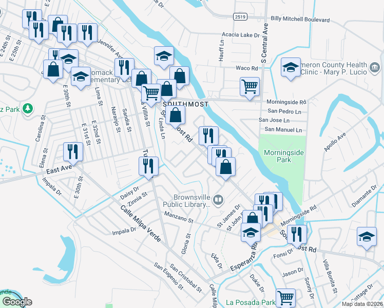 map of restaurants, bars, coffee shops, grocery stores, and more near 1767 Monterrey Drive in Brownsville
