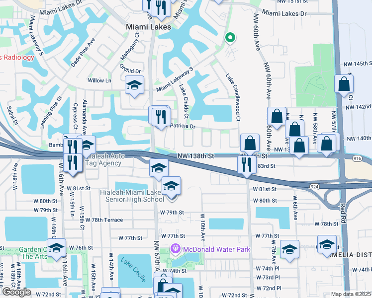 map of restaurants, bars, coffee shops, grocery stores, and more near 13984 Lake Lure Court in Miami Lakes